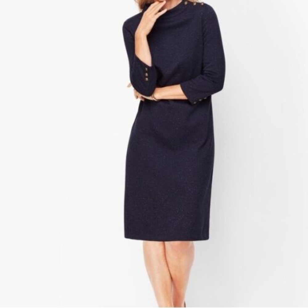 Talbots Womens Specked Navy Button Shoulder Mock Neck Comfort Dress sz XL